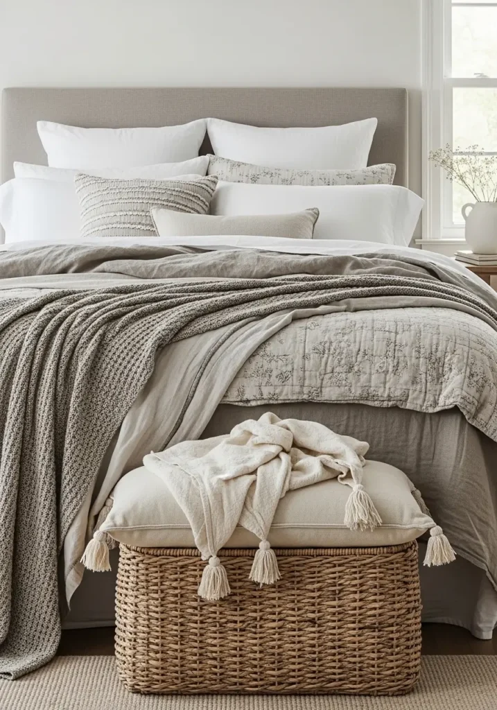 cozy bedroom featuring layered neutral bedding with linen duvet, chunky knit throw blanket, multiple textured pillows, soft beige and cream tones, warm bedside lighting, wooden nightstands, natural sunlight filtering through sheer curtains, plush rug, calming atmosphere, realistic lifestyle interior photography, soft shadows, warm inviting mood, feminine cozy styling.