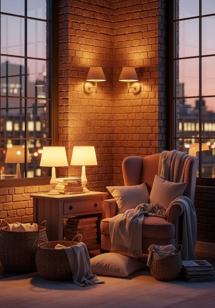 Warm loft apartment corner with glowing table lamps, shaded sconces, rumpled throws, cozy reading chair, books, woven baskets, soft amber lighting, industrial windows, blush and cream decor, intimate feminine mood, evening city home interior with gentle shadows and layered warmth.