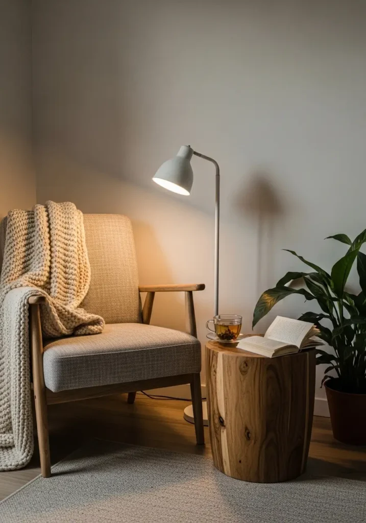 Minimalist reading nook with a cozy armchair, a soft knit throw, a small wooden side table, a warm lamp glow, an indoor plant nearby, a neutral palette, soft shadows, a calm, relaxing atmosphere, and realistic, Pinterest-style interior photography that emphasizes comfort and simplicity.

