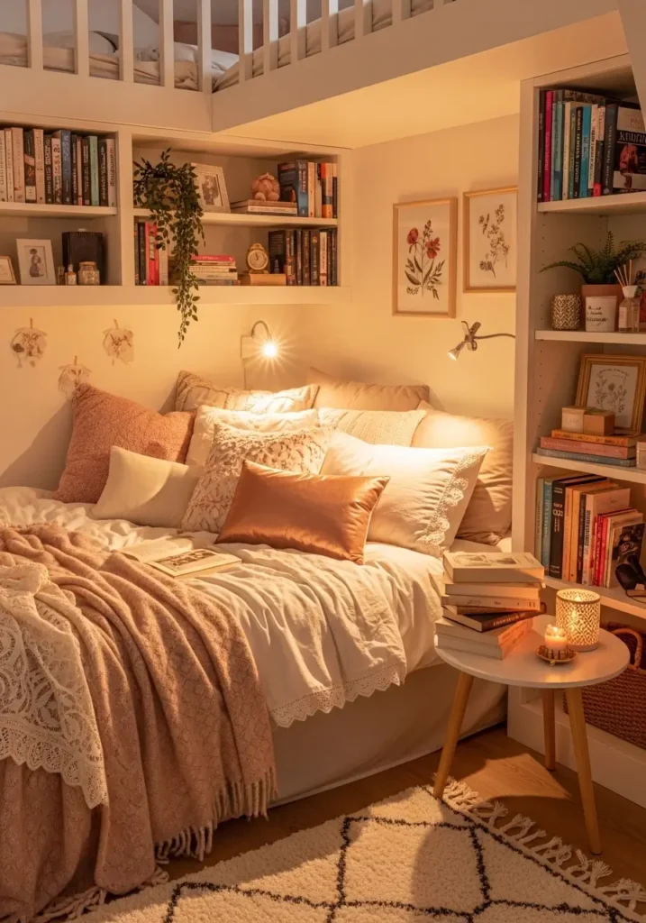 Cozy small loft apartment bedroom with bookish charm, soft bed layered with blankets and pillows, tiny reading light, built-in bookshelves, warm cream and blush tones, feminine decor, compact loft nook, peaceful atmosphere, stack of books, textured rug, candle glow, intimate and restful styling, charming small space bedroom perfect for quiet reading nights

