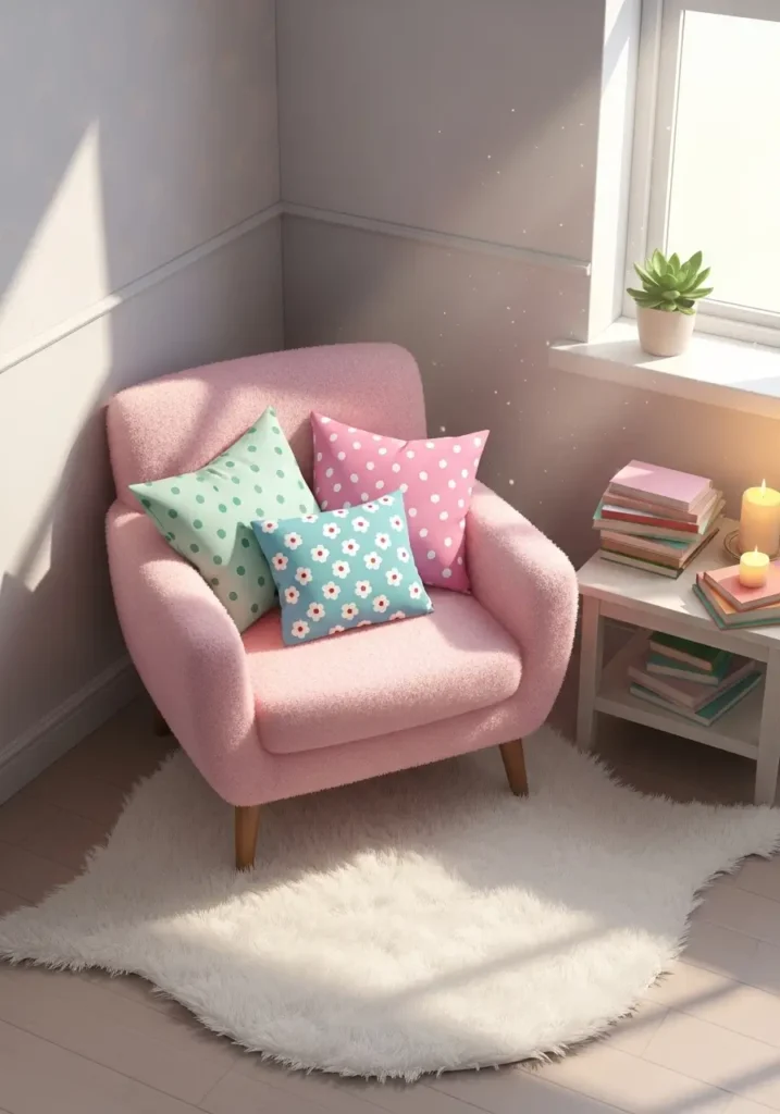 Small cozy reading nook with a pastel armchair, fluffy rug, throw pillows, a side table with books and a candle, sunlight through a window, a girly, cute apartment vibe, soft lighting, a realistic 2D illustration, and an inviting corner.