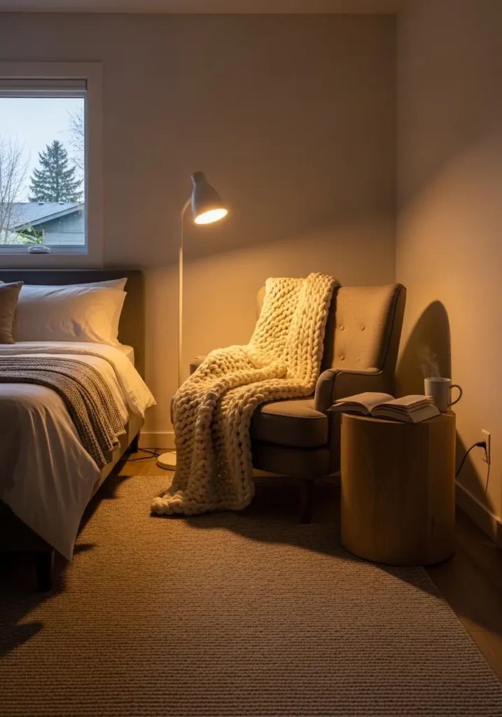 bedroom reading nook with a plush armchair, a knitted throw blanket, a soft floor lamp glow, a neutral rug, a small side table with a book, warm ambient lighting, a calm, cozy atmosphere, realistic lifestyle interior photography with soft shadows, and an inviting, peaceful mood.