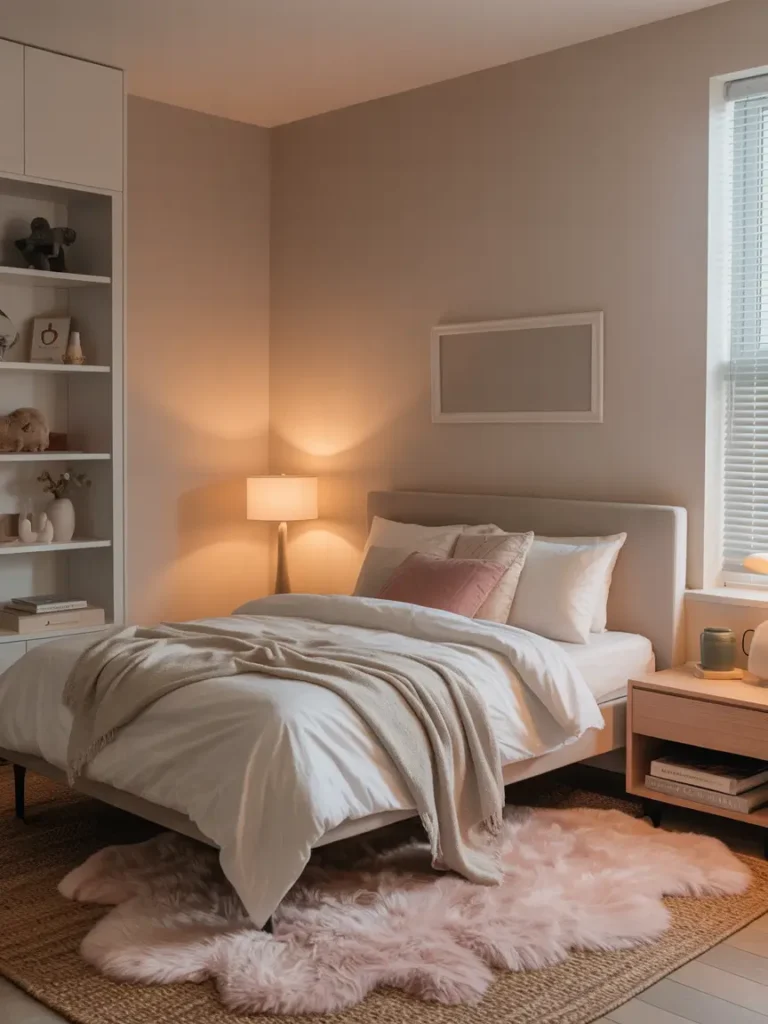 College apartment bedroom with soft cozy rug under bed, neutral tones, minimal furniture, clean layout, soft textures, feminine cozy aesthetic, warm lighting, uncluttered space, simple decor, bed slightly elevated with rug visible, calm and inviting atmosphere

