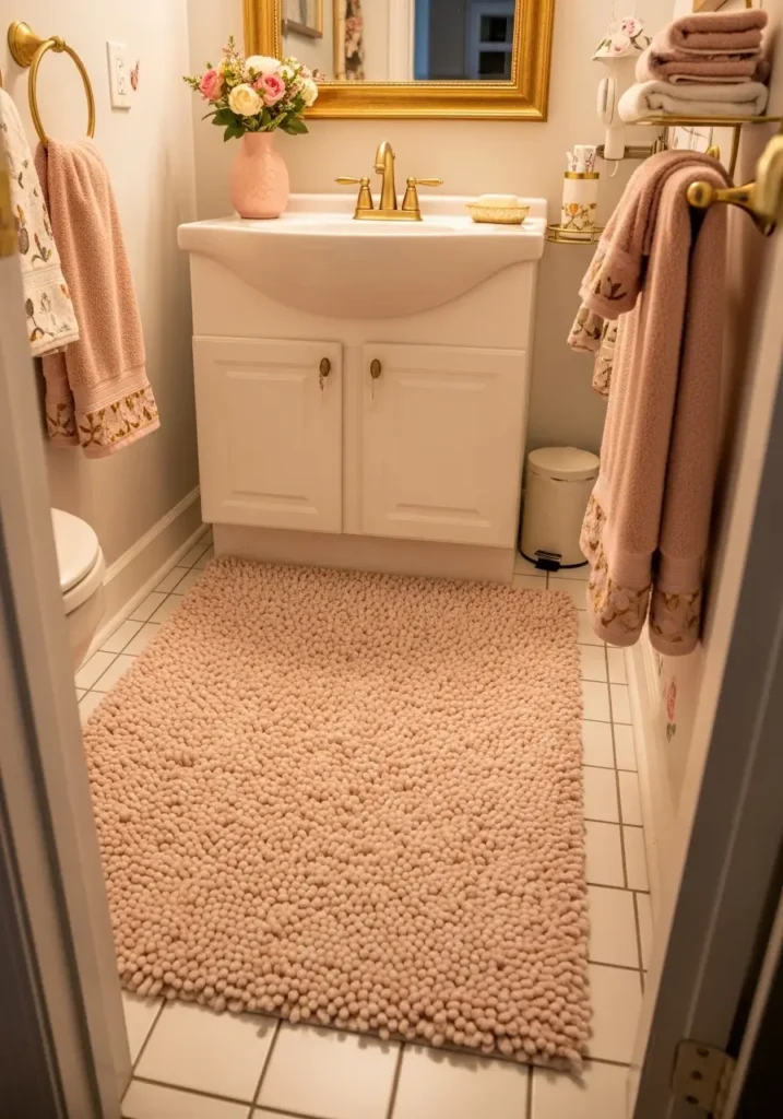 Small apartment bathroom with plush girly rug in blush and cream tones, white tile floor, soft towels, gold accents, floral details, tidy vanity, cozy feminine mood, compact realistic layout, warm and inviting room feeling, photo realistic interior styling with textured bathroom rug bringing softness and comfort to a tiny apartment space
