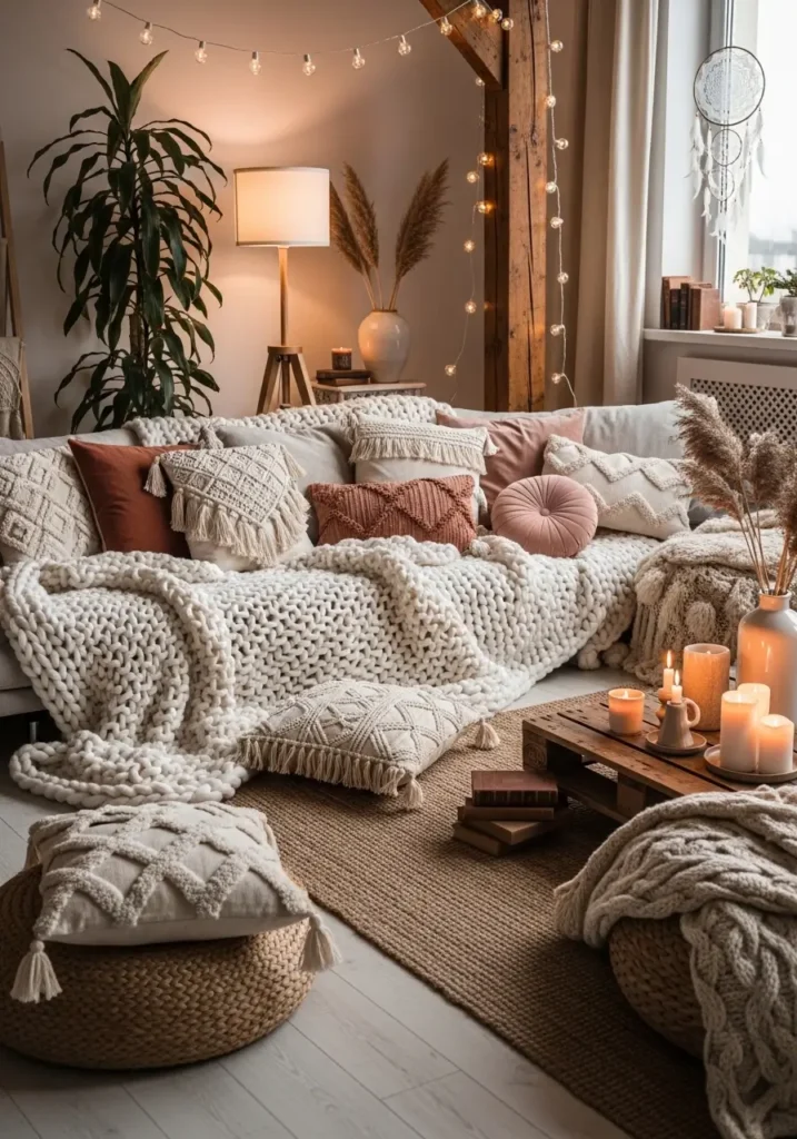 Soft cozy loft living room with chunky knitted throw, layered textiles, pillows, cushions, plush blankets, soft lighting, warm hues, feminine decor, inviting sitting area, boho vibe, peaceful urban loft with comfortable lounge seating, warm tactile layers.