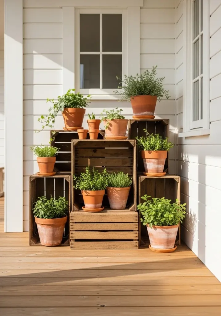 Minimal farmhouse porch with stacked wooden crates used as plant stand, terracotta pots, soft greenery, white siding, natural wood floor, neat clean styling, warm daylight, realistic country home exterior, charming, organized porch decor.