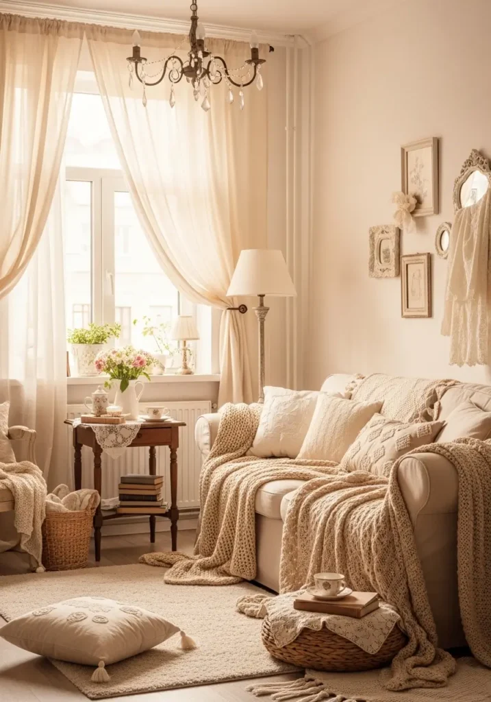 Vintage apartment living room with cream curtains, sunwashed window styling, soft natural light, romantic feminine decor, pale tones, cozy sofa, warm layered textiles, airy and nostalgic mood, delicate home styling, small apartment charm, vintage vibey atmosphere, elegant light-filled room with relaxed softness and timeless old-fashioned beauty