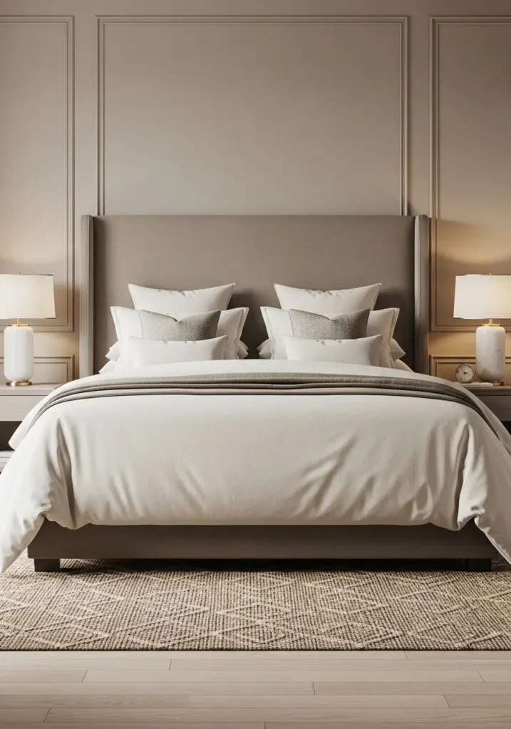 Elegant bedroom styled with cream bedding, soft taupe walls, an upholstered headboard, layered cushions, warm ambient lighting from bedside lamps, a woven rug beneath the bed, natural daylight softly illuminating textures, 