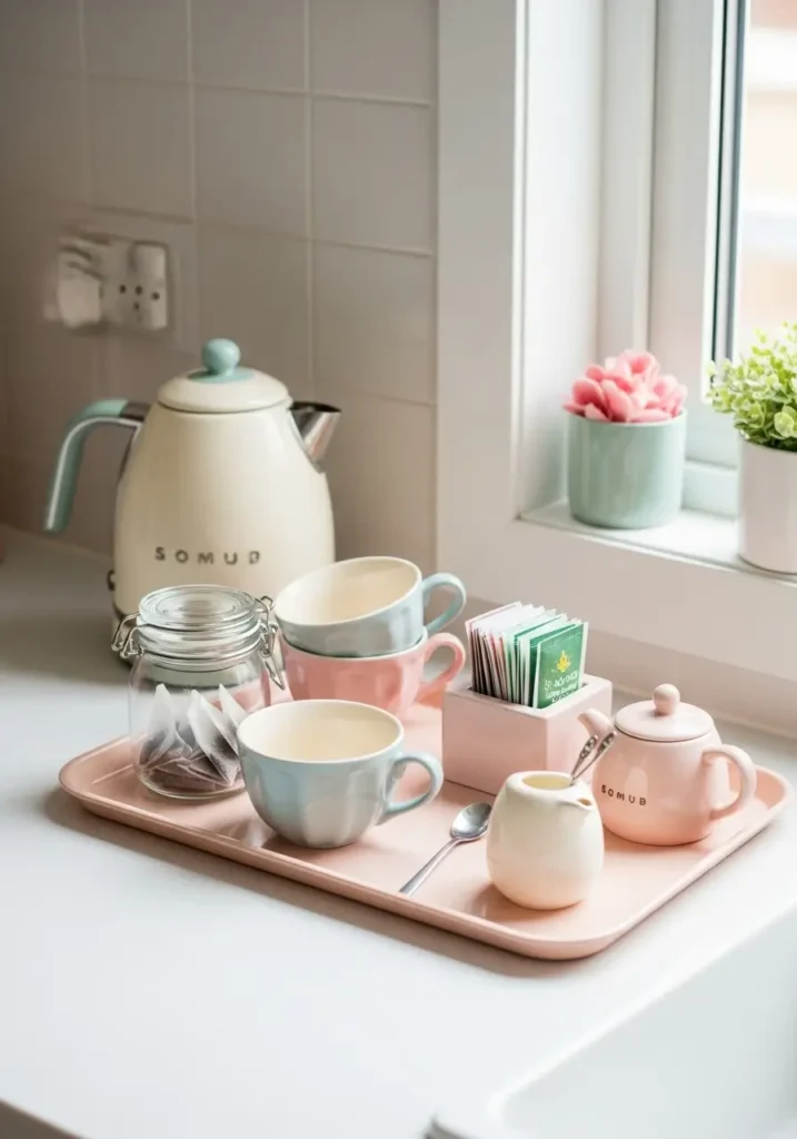 Cozy minimal kawaii kitchen tea corner with cream kettle, pastel cups, blush tray, small sugar jar, soft white shelves, gentle natural light, tidy countertop, feminine pastel styling, sweet calm kitchen space with cute and warm home feeling.