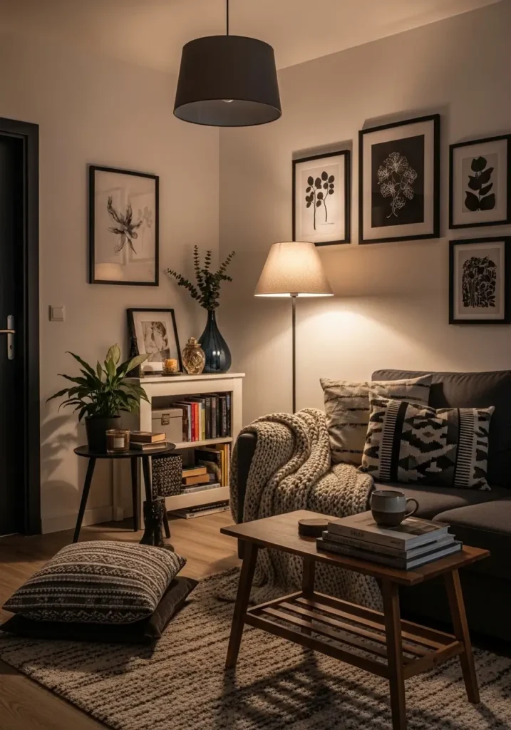 A cozy small apartment with modern eclectic decor, light walls and furniture balanced by dark accents like black frames, deep brown wood, charcoal lamp, moody details, warm lighting, layered textures, intimate and polished atmosphere, elegant yet lived-in styling

