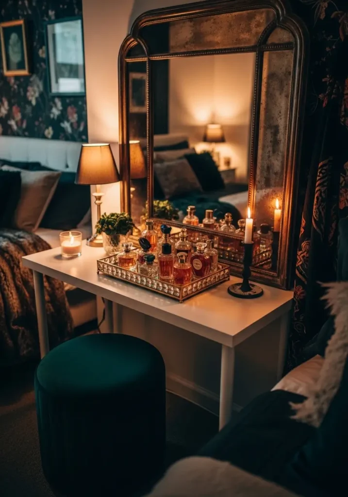 Cozy apartment vanity corner with vintage mirror, crystal tray, perfume bottles, velvet stool, candle glow, soft lamp lighting, clean minimal renter decor, feminine whimsigoth styling, tidy bedroom setup, elegant textures, warm moody tones, polished apartment interior with magical soft atmosphere.