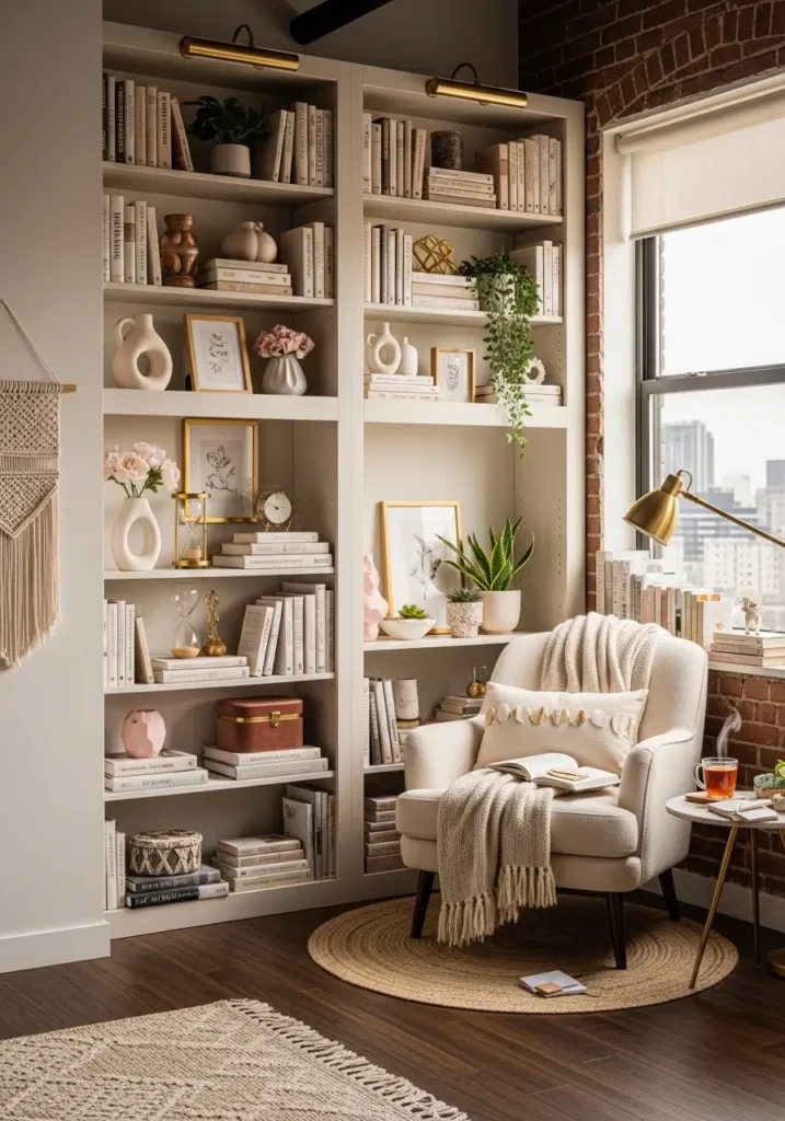 Loft apartment with curated bookshelves, elegant books, soft lighting, feminine decor accents, cozy reading nook, art pieces placed among books, welcoming living space with curated details, warm and inviting shelves.