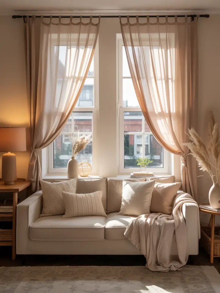 Small apartment living room with curtains hung high above the window, flowing soft cream and beige fabric, warm sunlight filtering through, realistic renter friendly interior, cozy feminine styling, neutral sofa, textured pillows, elegant but simple decor, airy and polished room mood, compact rental space made to feel taller, charming window treatment, calm and inviting home atmosphere with graceful soft detail