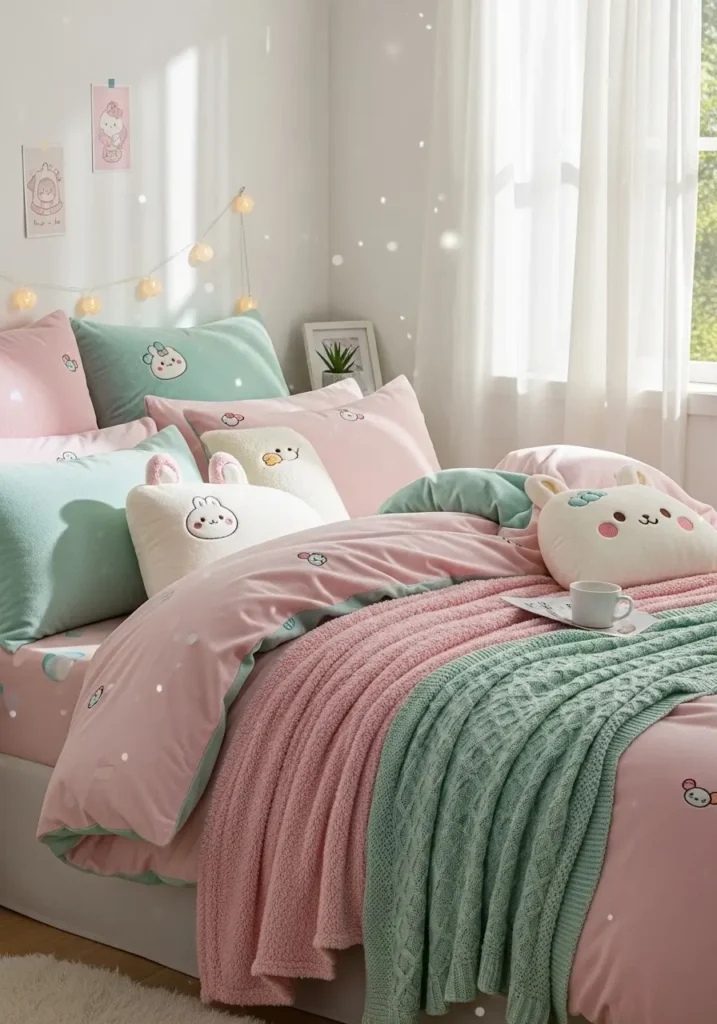 Bedroom with pastel bedding in blush pink and mint green, layered with soft blankets and plush pillows. Gentle sunlight from a nearby window highlights textures, creating a dreamy, cheerful, and cozy kawaii-inspired retreat.