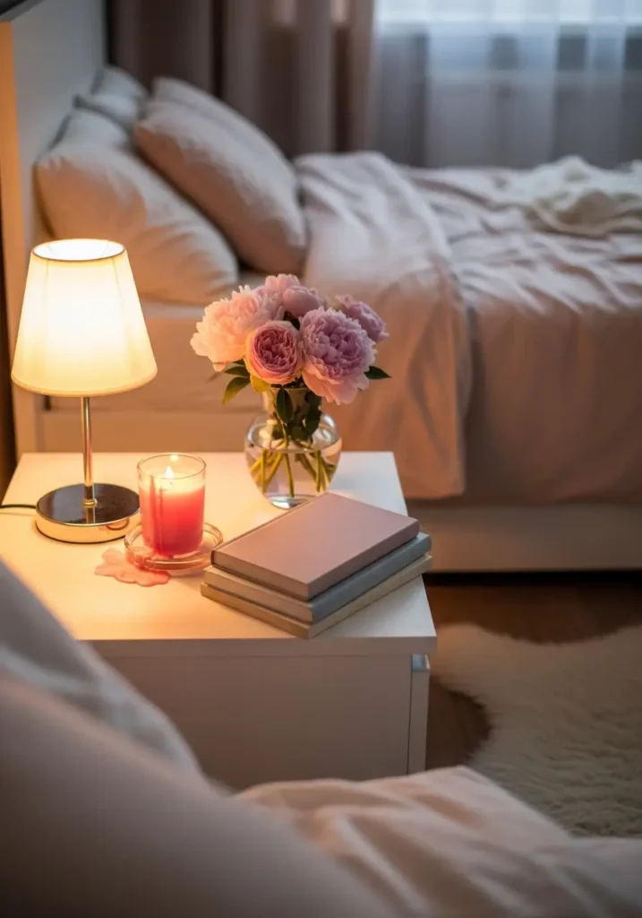 Cozy girly apartment bedside table styled with small table lamp, pink candle, stack of books, delicate flower vase, soft warm lighting illuminating bedroom corner, blush bedding visible in background, fluffy rug near bed, feminine cozy bedroom atmosphere with calm Pinterest style interior photography.