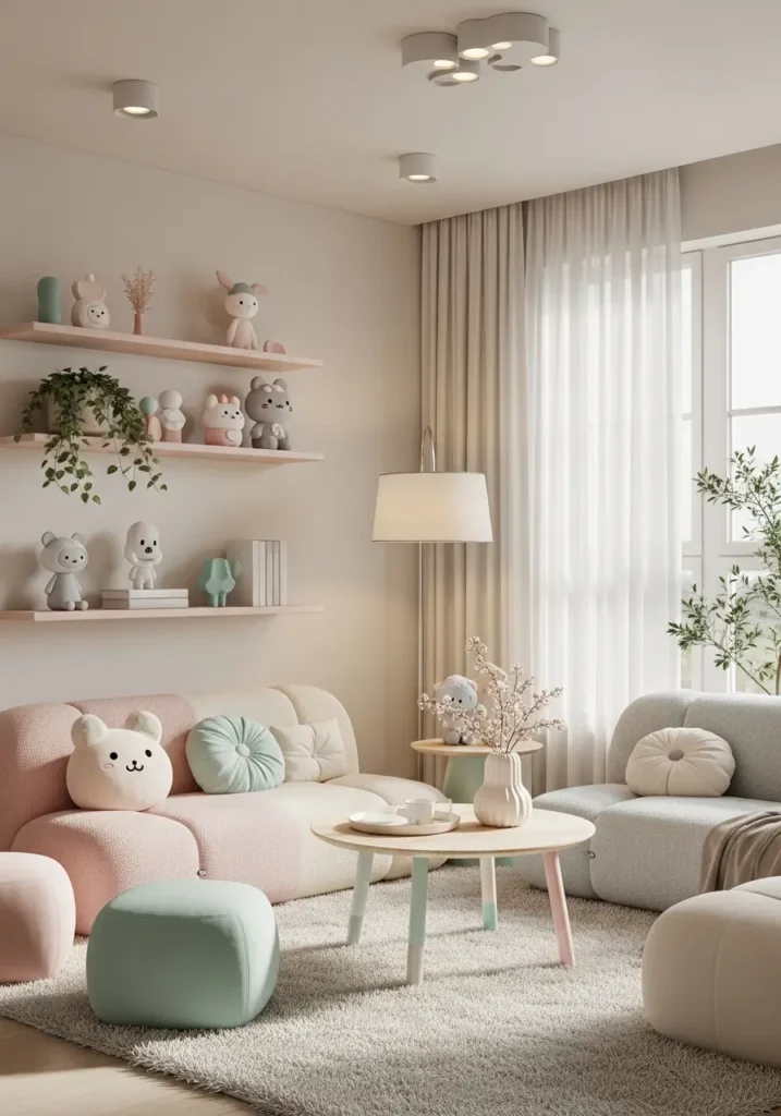kawaii themed living room with subtle character decor like small plush toys and minimal figurines, neutral pastel tones, clean shelves, soft lighting, modern minimal setup, cozy and feminine vibe, uncluttered arrangement