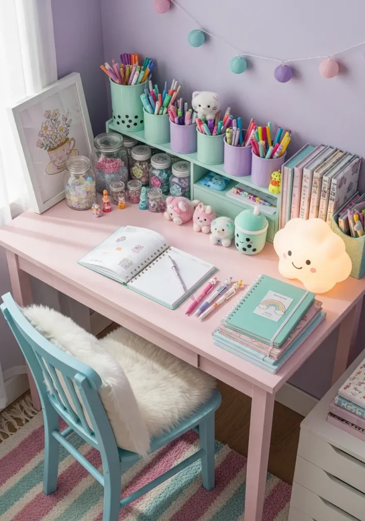 Girly bedroom desk setup with pastel-colored desk and chair, cute stationery holders, small plush toys, decorative jars, mini lamp in playful shape, notebooks and pens matching the room’s pastel palette, creating a functional and kawaii workspace.