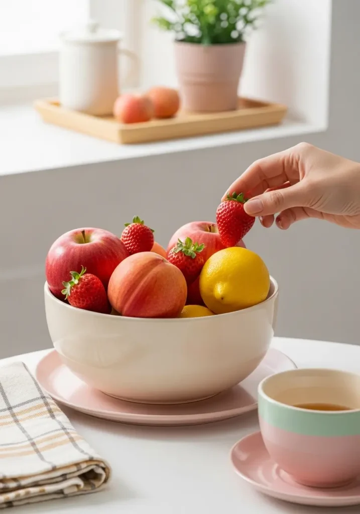 Minimal pastel kawaii kitchen counter with cute fruit bowl, cream ceramic bowl, apples, strawberries, peaches, soft pink towel, white cabinets, gentle sunlight, clean airy layout, feminine cozy mood, sweet pastel decor with fresh and simple styling.