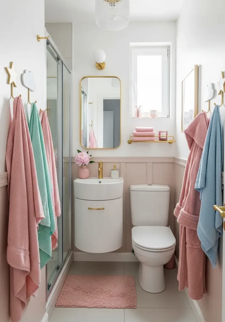 Tiny feminine bathroom with cute wall hooks holding pastel towels and robe, gold accents, blush decor, small apartment styling, realistic compact layout, polished organized look, charming wall details, cozy and airy mood, photo realistic bathroom interior with functional yet pretty hanging storage for a girly small space