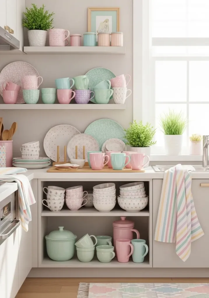 Kitchen with pastel mugs, patterned dishware on open shelves, small potted plants, bright sunlight, soft colorful details, playful girly aesthetic, cozy, inviting apartment kitchen, realistic 2D illustration, cheerful and organized space.