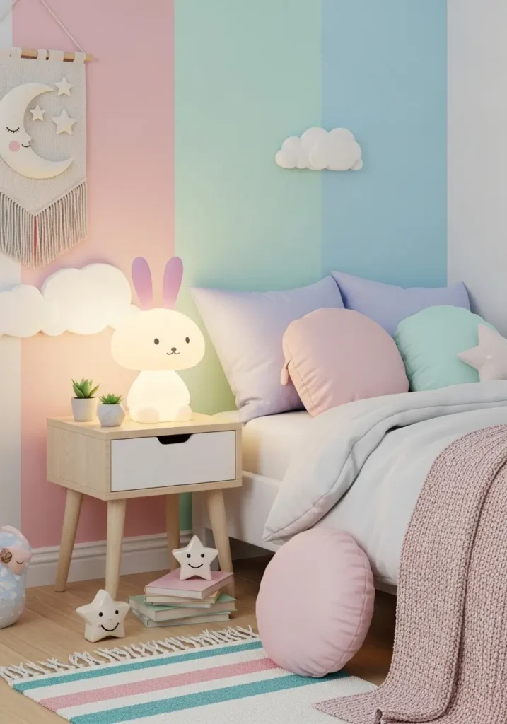 Bedroom corner with a pastel-colored kawaii lamp shaped like a cloud or bunny. Soft warm glow illuminates pastel walls, plush bedding, and small decorative items. Cozy, cute, inviting atmosphere with playful charm and soft textures.