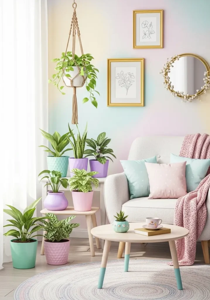 Apartment corner with small indoor plants in pastel pots, hanging planter above, cozy soft furniture, bright playful light, girly cute aesthetic, realistic 2D illustration, inviting and stylish room.