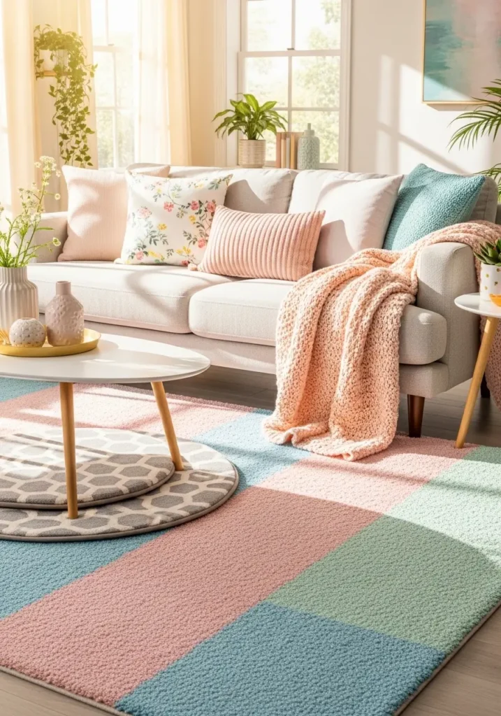 Living room with soft pastel rug, layered textures, comfy sofa with throw pillows, subtle patterned floor mat under coffee table, cozy and bright apartment aesthetic, warm sunlight entering through windows, playful girly style, realistic 2D illustration, inviting and organized space.