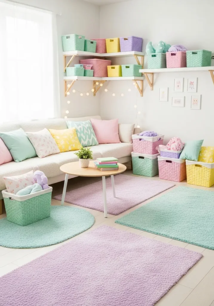 Small apartment living area with pastel-colored woven baskets, organized on shelves and floor, cozy sofa with throw pillows, soft rugs, playful and girly vibe, 2D realistic illustration, tidy bright apartment interior with cheerful atmosphere.