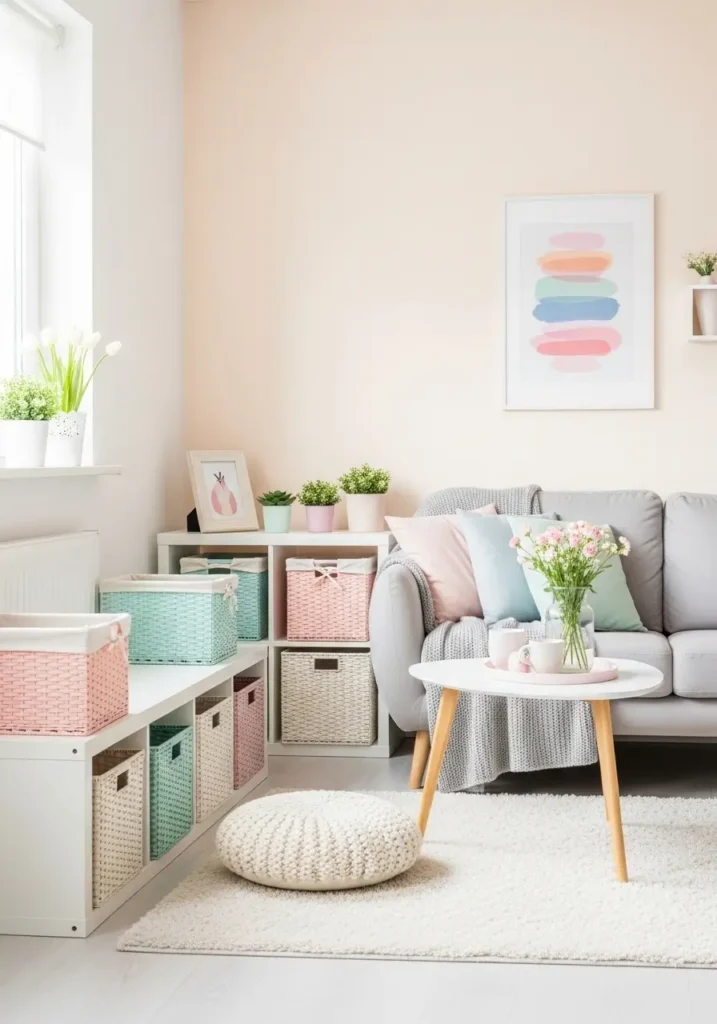 kawaii living room with cute storage baskets in soft pastel tones, minimal decor, clean layout, cozy aesthetic, organized small space, feminine styling