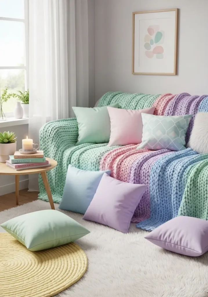 Cozy living room corner with a variety of pastel throw pillows, soft knitted blankets draped over the sofa, plush rugs on the floor, a light-filled space, a warm and cute aesthetic, small decorative items like books and candles on the side table, an organized but relaxed feel, a 2D realistic illustration, and an inviting atmosphere.