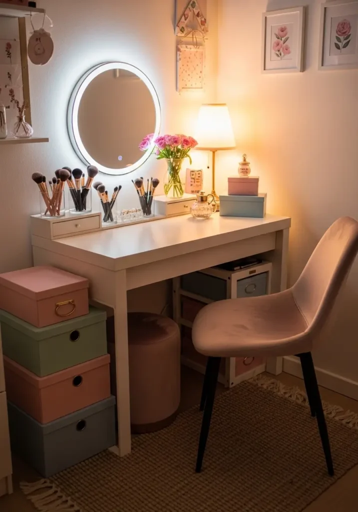 Cozy girly apartment vanity corner with small white desk, round mirror with soft lighting, makeup brushes in glass containers, pastel storage boxes, velvet stool, warm lamp glow, pink flowers in vase, textured rug beneath vanity chair, feminine apartment decor