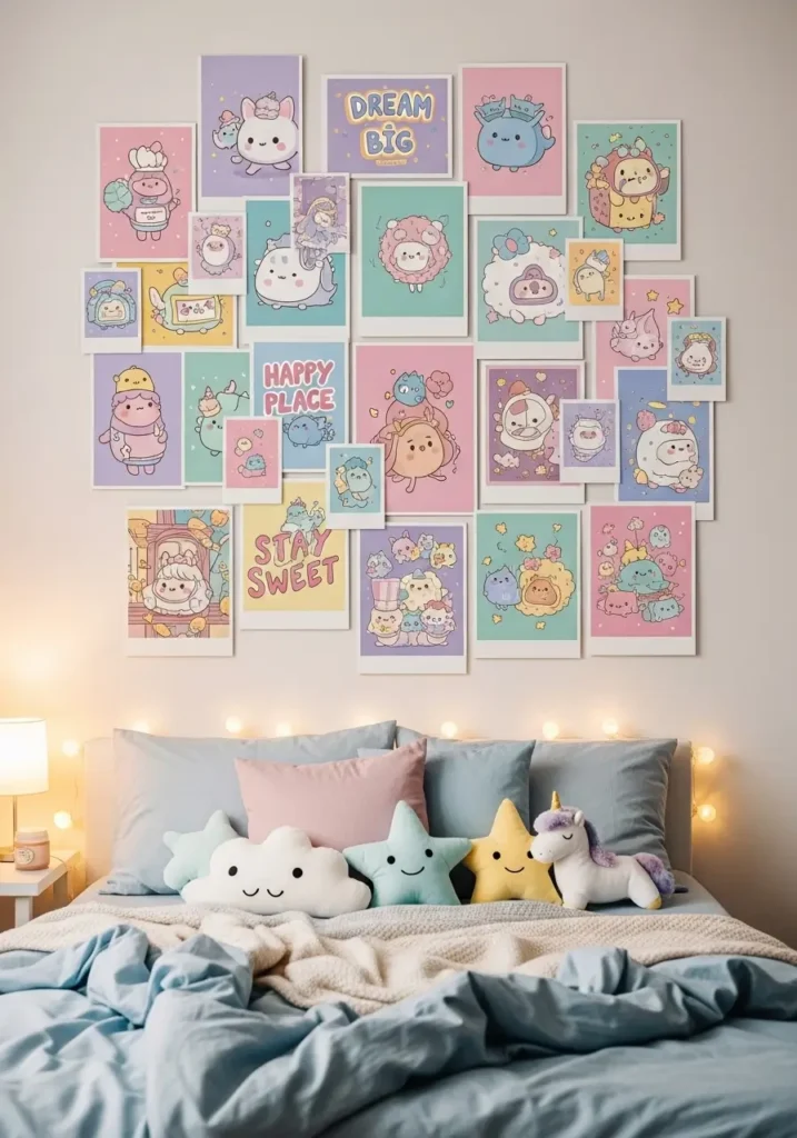 Bedroom wall decorated with pastel kawaii posters in various sizes. Soft character illustrations, cute quotes, and playful art prints arranged in a creative collage. Room has soft pastel bedding, small plush toys, and warm ambient lighting. Bright, cheerful, cozy, and cute vibe.