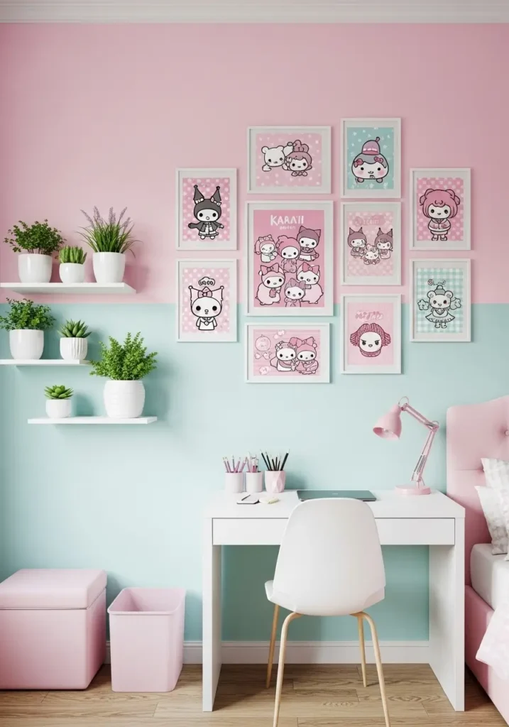 Girly bedroom with pastel walls, framed kawaii posters and wall art of cute characters, arranged creatively above a white desk, small potted plants on floating shelves, creating a fun and cozy atmosphere.