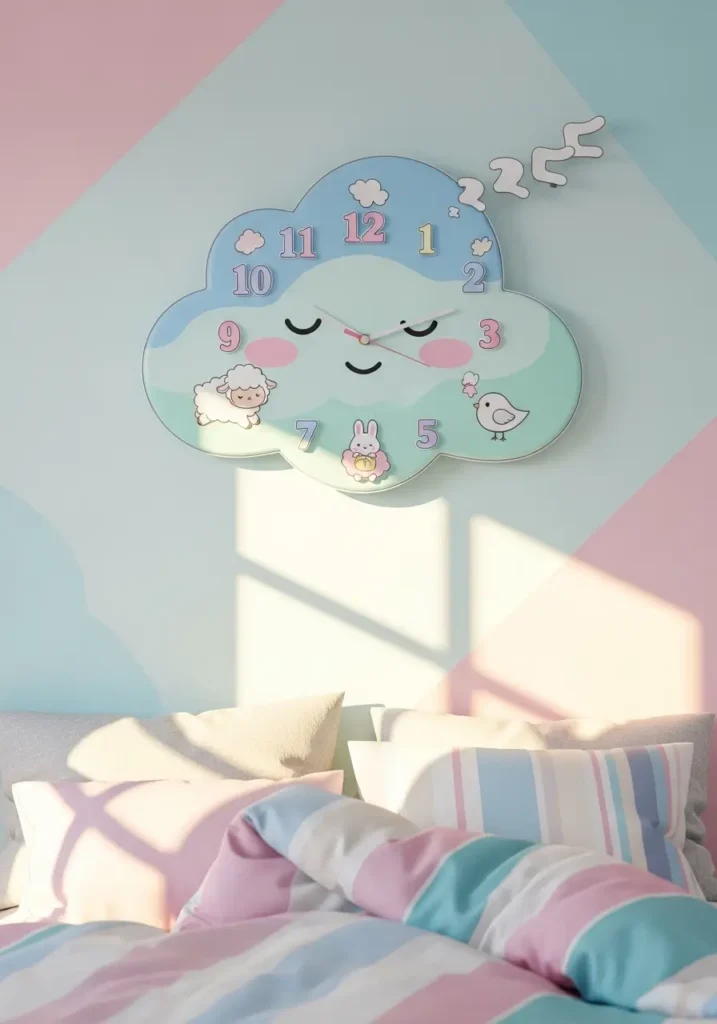 Pastel-themed bedroom wall with a kawaii-shaped clock featuring soft colors or cute animal design. Soft light reflects on pastel walls and plush bedding. Cozy, playful, and cheerful vibe enhancing kawaii atmosphere.