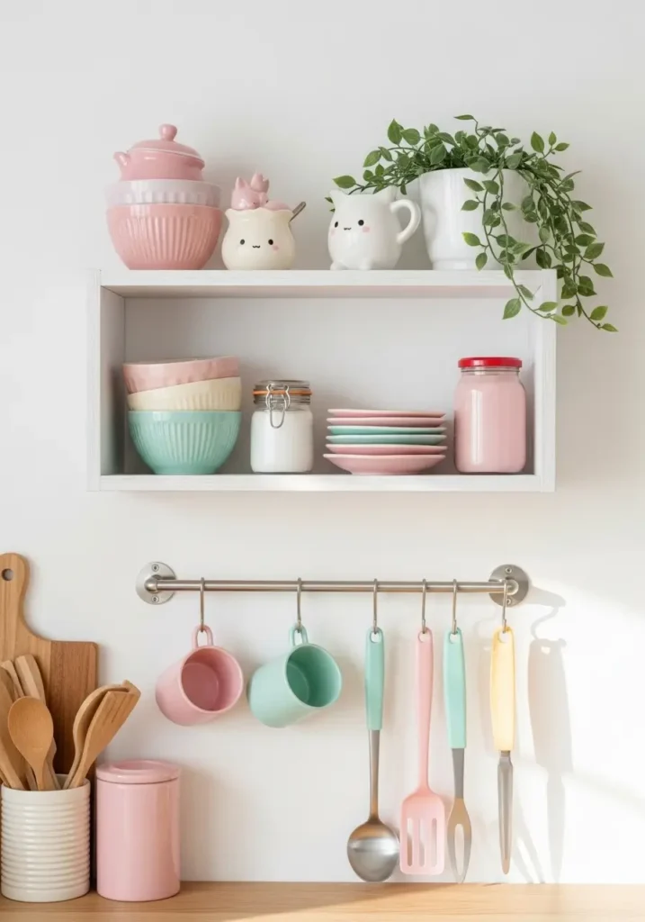 Soft kawaii kitchen wall shelf with pastel bowls, tiny plant, pink ceramic dish, cream wall, clean minimal layout, gentle natural light, uncluttered counter below, cozy feminine kitchen styling, sweet pastel decor with simple airy home feeling.