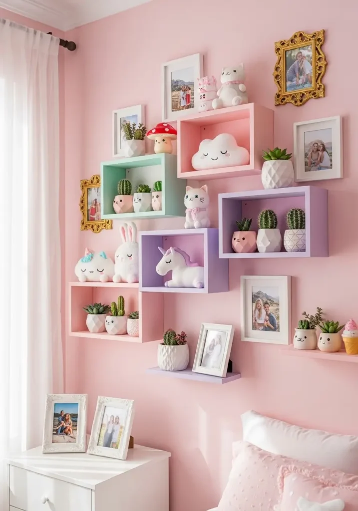 Girly bedroom with pastel wall shelves, small plush toys, mini potted plants, framed photos, and decorative figurines displayed neatly, blending function with cute kawaii decor for a lively room.