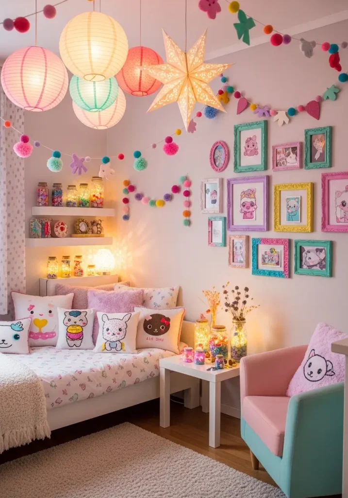  Kawaii bedroom featuring DIY decor like handmade garlands, painted frames, paper lanterns, pastel wall collage, small decorative jars, and custom pillow covers, creating a cozy and personal girly space.