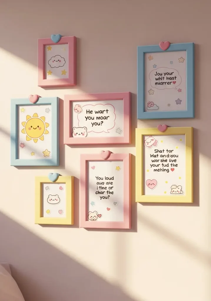Pastel bedroom wall with DIY frames in soft pink, baby blue, and yellow. Each frame has small illustrations, quotes, or stickers. The wall looks playful, cozy, and personalized. Soft lighting highlights pastel decor, creating a cheerful and inviting kawaii vibe.