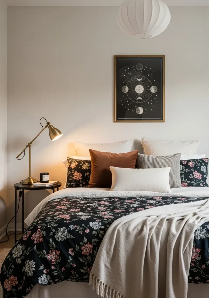 Cozy renter bedroom with dark floral bedding, cream sheets, brass lamp, linen throw blanket, framed celestial print, neutral walls, layered pillows, clean minimal styling, warm lighting, tidy apartment bedroom, soft gothic feminine mood, elegant textures, balanced rich tones, peaceful modern whimsigoth room with inviting atmosphere.
