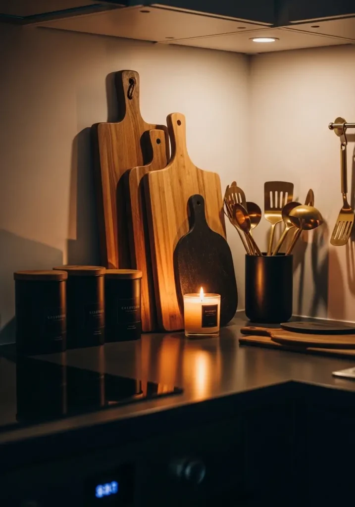 Small apartment kitchen with black canisters, wood cutting boards, brass utensils, candle glow, clean countertops, tidy modern renter kitchen, whimsigoth decor styling, rich subtle tones, elegant textures, cozy warm atmosphere, polished minimal kitchen scene.