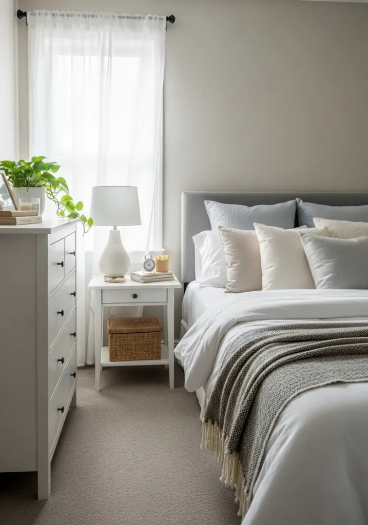 Cozy bedroom with neatly arranged nightstand and dresser, soft bedding, organized decor items, natural light streaming in, tidy and calming atmosphere.