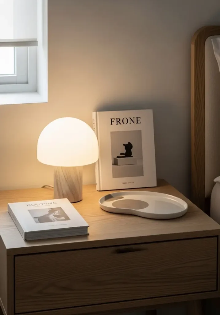 Minimal nightstand setup with only a small lamp, a book, and a ceramic tray, neutral tones, clean surface, soft lighting, cozy feminine bedroom vibe, simple decor styling, light wood textures, uncluttered space, calming atmosphere with soft shadows and natural light creating a peaceful minimal look

