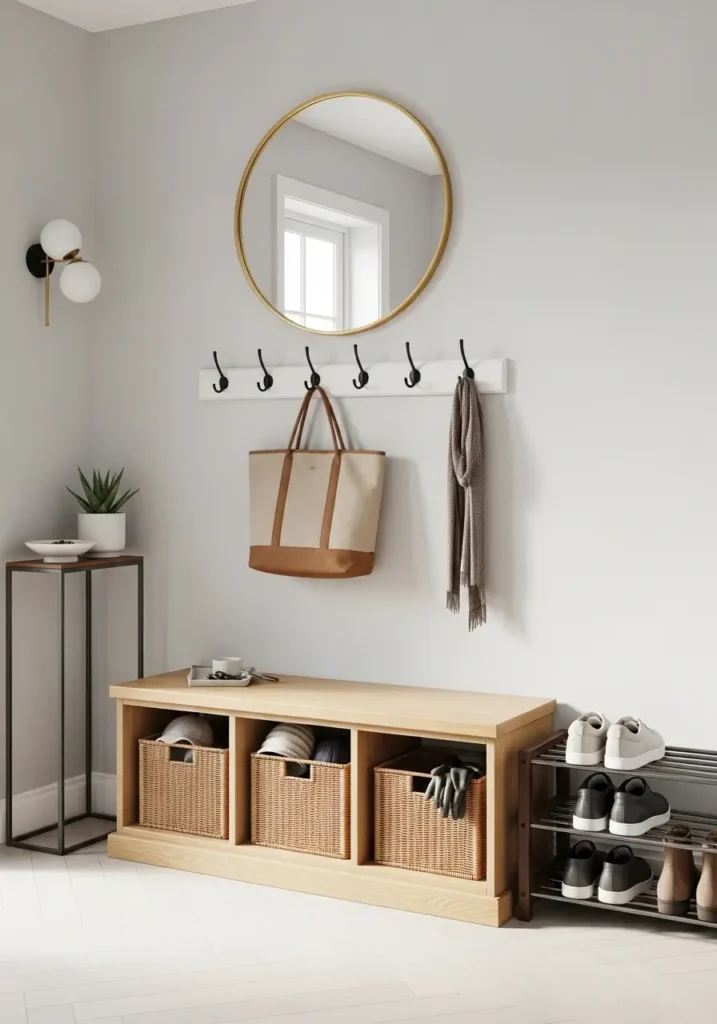 Minimalist entryway featuring a wooden bench, a woven storage basket, neutral wall hooks, soft natural lighting from a nearby window, a light-textured rug, clean white walls, cozy Scandinavian styling, and a peaceful, uncluttered composition captured in realistic Pinterest-style interior photography.

