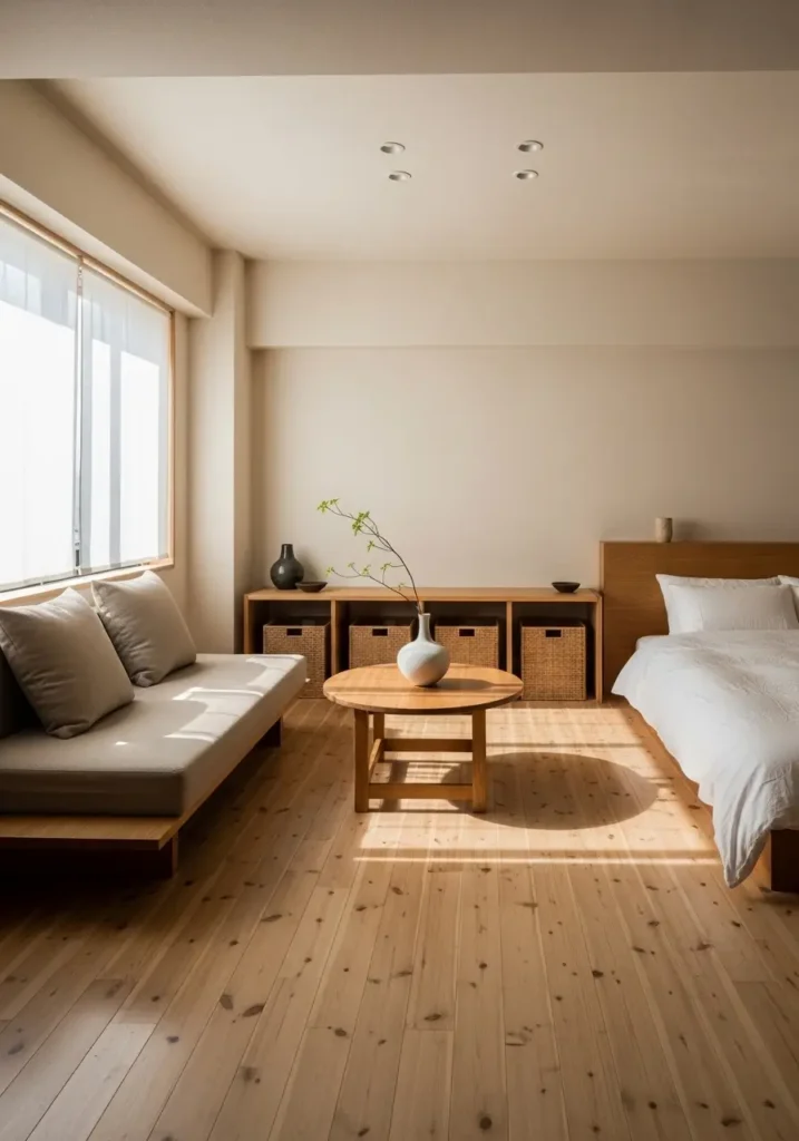 Minimal Japanese apartment with open floor space, clear surfaces, low furniture, neutral walls, simple storage baskets, soft natural light, one ceramic vase, calm zen mood, airy studio apartment styling, peaceful and uncluttered home feeling.