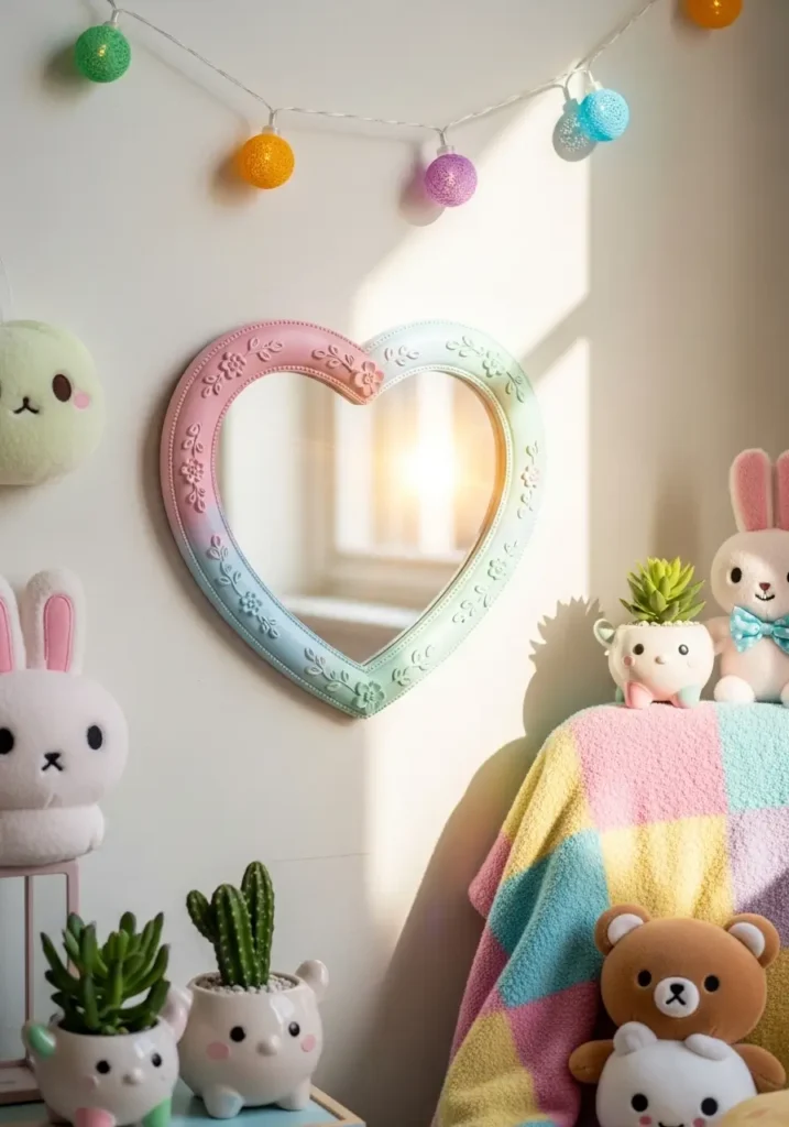 Small wall-mounted decorative mirror with a pastel-colored frame in a heart shape, reflecting sunlight from a nearby window. Surrounding pastel decor like plushies and small plants creates a playful, cheerful, and cozy kawaii atmosphere in the room.