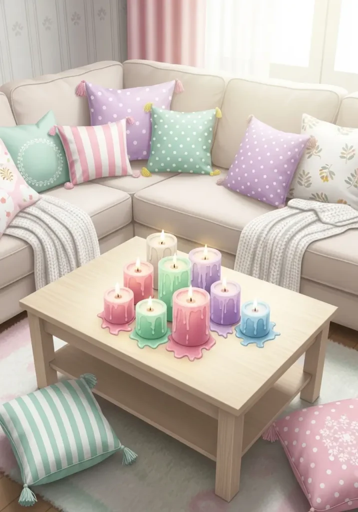 Living room table with pastel-colored pillar candles, soft throw pillows on couch, gentle lighting, cozy, bright, girly atmosphere, 2D realistic illustration, charming and playful aesthetic with inviting glow.