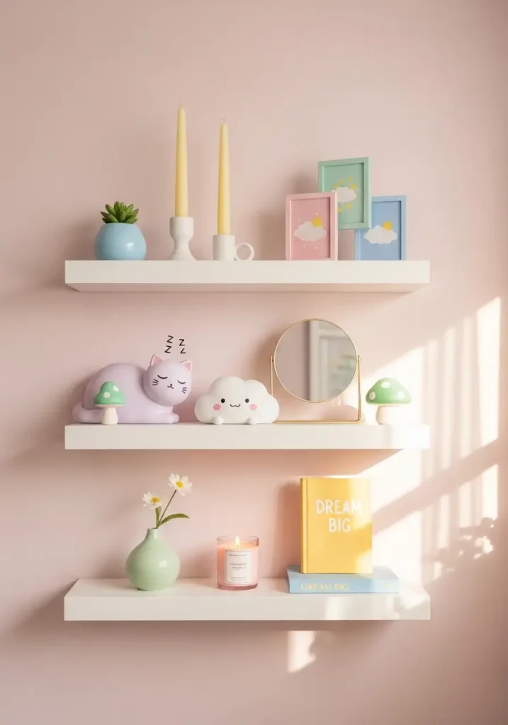 Apartment wall with floating shelves, pastel-colored decor items, cute figurines, small potted plants, candles, framed tiny prints, bright cozy atmosphere, girly playful aesthetic, 2D realistic illustration, clean yet inviting living space.