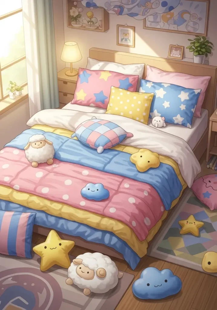 Bed with pastel throw pillows in pink, blue, and yellow with cute patterns or plush textures. Soft blankets and plush toys scattered around. Warm, cheerful, cozy room vibe with inviting kawaii atmosphere.