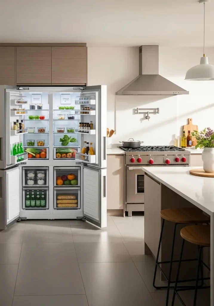 Modern kitchen with stainless steel appliances, open fridge shelves being wiped clean, countertops spotless, warm sunlight reflecting off surfaces, fresh and organized cooking space.