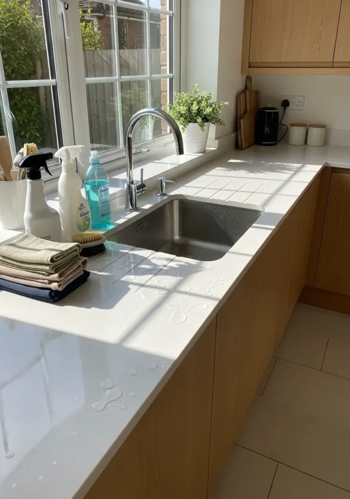 Bright kitchen with gleaming sink and countertops, sunlight reflecting on clean surfaces, neatly arranged cleaning supplies, fresh and functional interior.